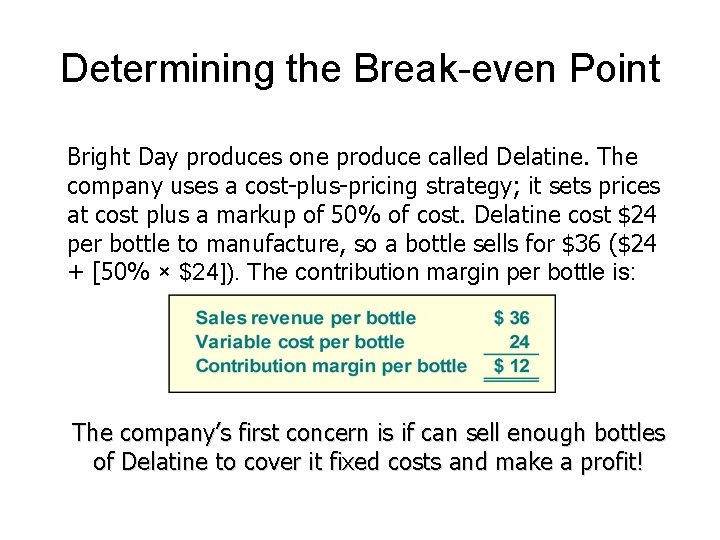 Determining the Break-even Point Bright Day produces one produce called Delatine. The company uses