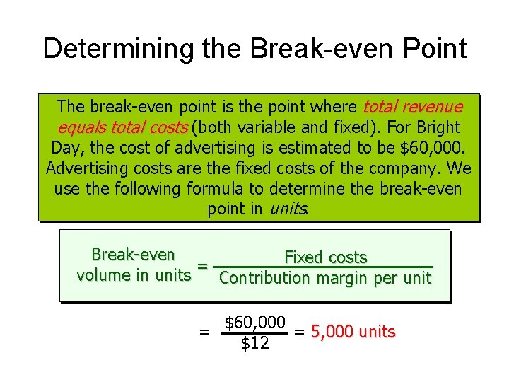 Determining the Break-even Point The break-even point is the point where total revenue equals