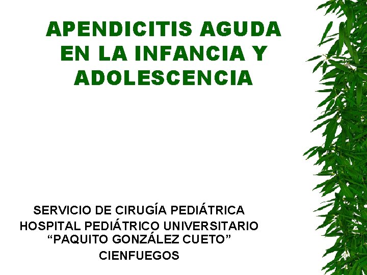 APENDICITIS AGUDA EN LA INFANCIA Y ADOLESCENCIA SERVICIO DE CIRUGÍA PEDIÁTRICA HOSPITAL PEDIÁTRICO UNIVERSITARIO APENDICITIS AGUDA EN LA INFANCIA Y ADOLESCENCIA SERVICIO DE CIRUGÍA PEDIÁTRICA HOSPITAL PEDIÁTRICO UNIVERSITARIO