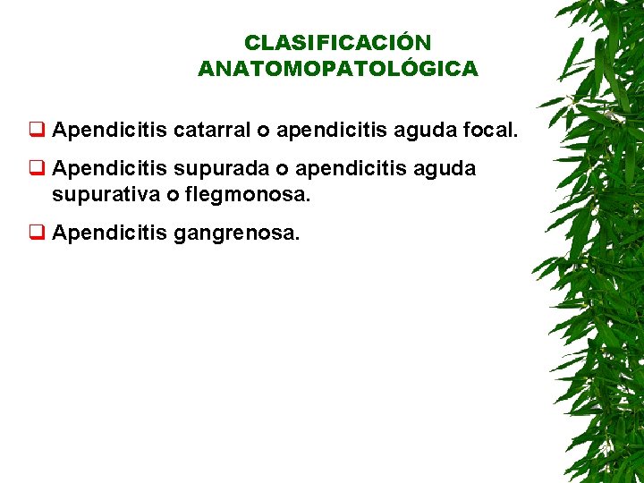 CLASIFICACIÓN ANATOMOPATOLÓGICA q Apendicitis catarral o apendicitis aguda focal. q Apendicitis supurada o apendicitis CLASIFICACIÓN ANATOMOPATOLÓGICA q Apendicitis catarral o apendicitis aguda focal. q Apendicitis supurada o apendicitis
