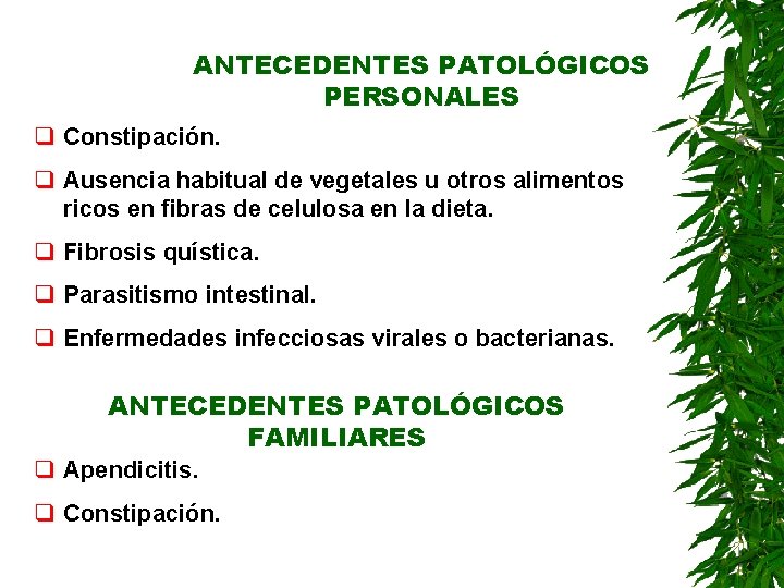 ANTECEDENTES PATOLÓGICOS PERSONALES q Constipación. q Ausencia habitual de vegetales u otros alimentos ricos ANTECEDENTES PATOLÓGICOS PERSONALES q Constipación. q Ausencia habitual de vegetales u otros alimentos ricos