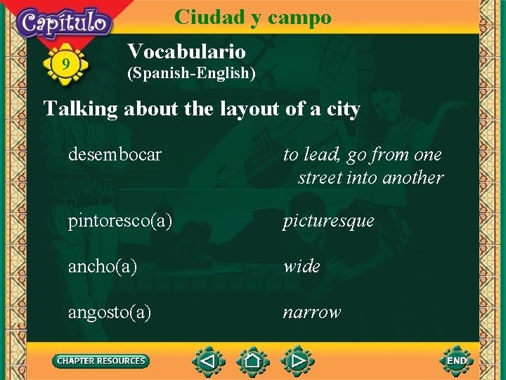 Ciudad y campo 9 Vocabulario (Spanish-English) Talking about the layout of a city desembocar