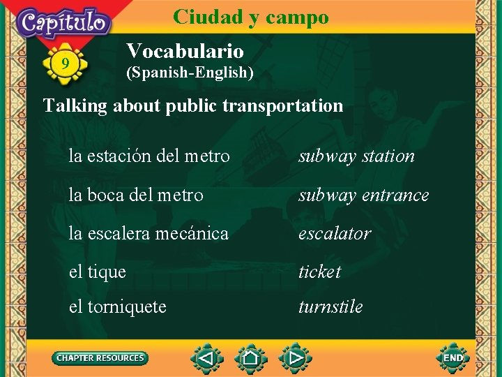 Ciudad y campo 9 Vocabulario (Spanish-English) Talking about public transportation la estación del metro