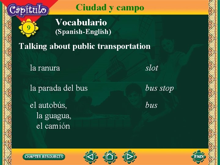 Ciudad y campo 9 Vocabulario (Spanish-English) Talking about public transportation la ranura slot la