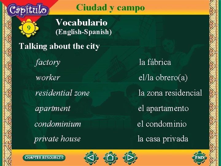 Ciudad y campo 9 Vocabulario (English-Spanish) Talking about the city factory la fábrica worker