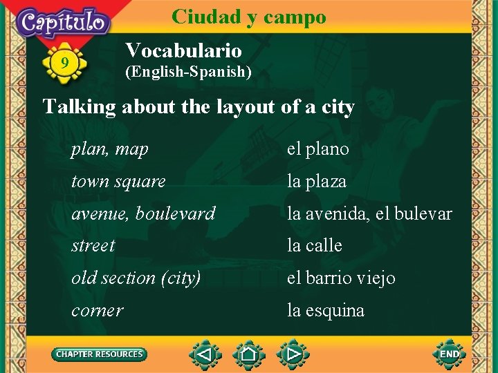 Ciudad y campo Vocabulario 9 (English-Spanish) Talking about the layout of a city plan,