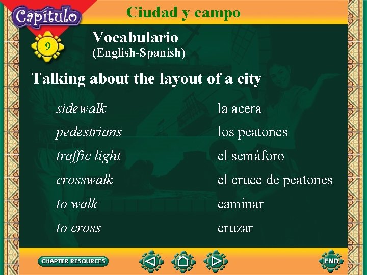 Ciudad y campo 9 Vocabulario (English-Spanish) Talking about the layout of a city sidewalk