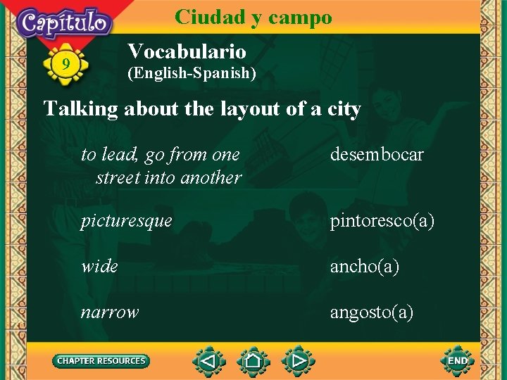 Ciudad y campo Vocabulario 9 (English-Spanish) Talking about the layout of a city to