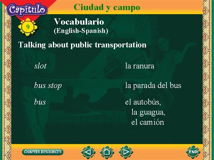 Ciudad y campo Vocabulario 9 (English-Spanish) Talking about public transportation slot la ranura bus