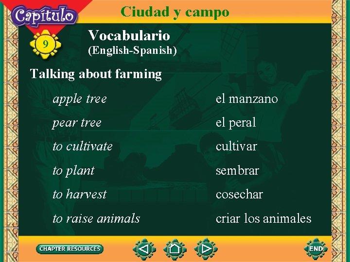 Ciudad y campo 9 Vocabulario (English-Spanish) Talking about farming apple tree el manzano pear
