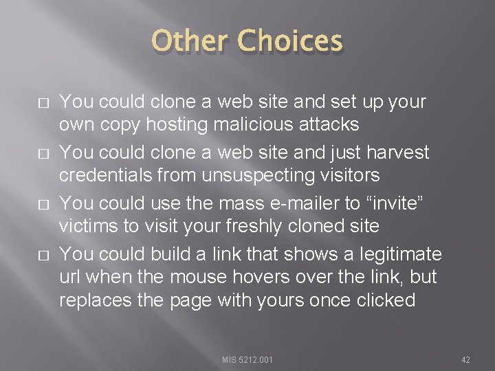 Other Choices � � You could clone a web site and set up your