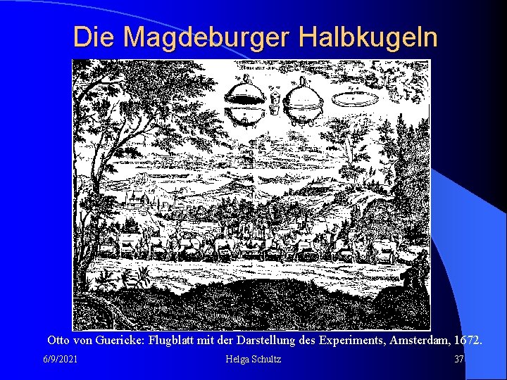 Die Magdeburger Halbkugeln Otto von Guericke: Flugblatt mit der Darstellung des Experiments, Amsterdam, 1672.