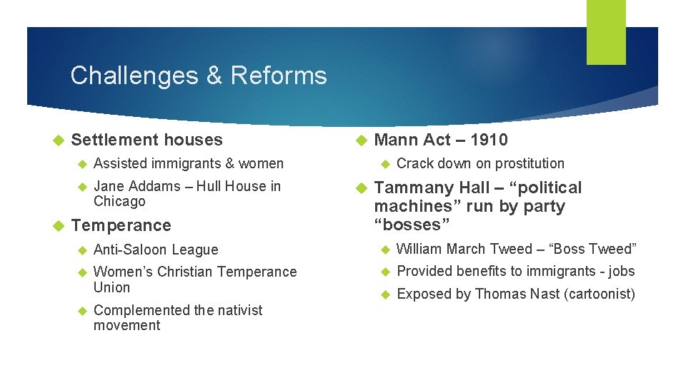 Challenges & Reforms Settlement houses Assisted immigrants & women Jane Addams – Hull House