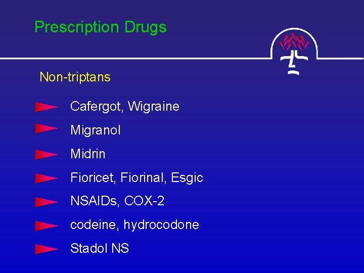Prescription Drugs Non-triptans Cafergot, Wigraine Migranol Midrin Fioricet, Fiorinal, Esgic NSAIDs, COX-2 codeine, hydrocodone