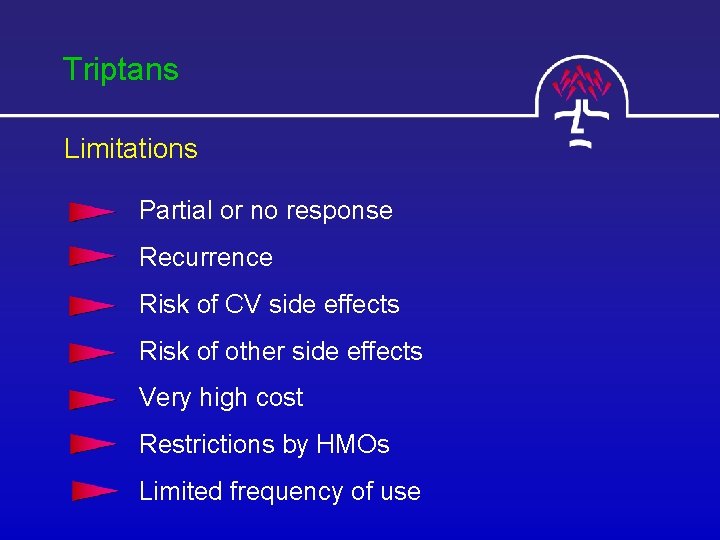 Triptans Limitations Partial or no response Recurrence Risk of CV side effects Risk of