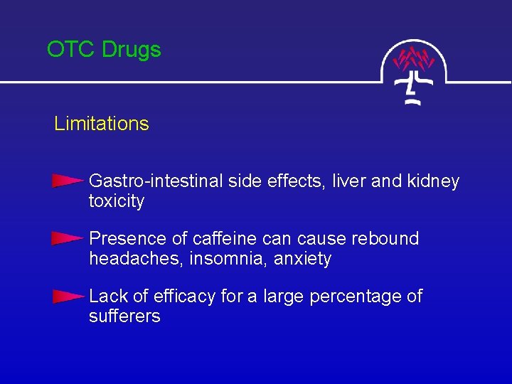 OTC Drugs Limitations Gastro-intestinal side effects, liver and kidney toxicity Presence of caffeine can