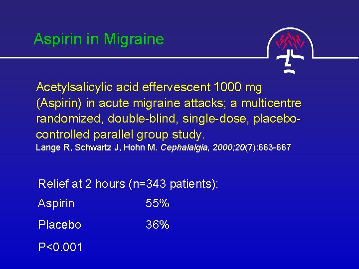 Aspirin in Migraine Acetylsalicylic acid effervescent 1000 mg (Aspirin) in acute migraine attacks; a