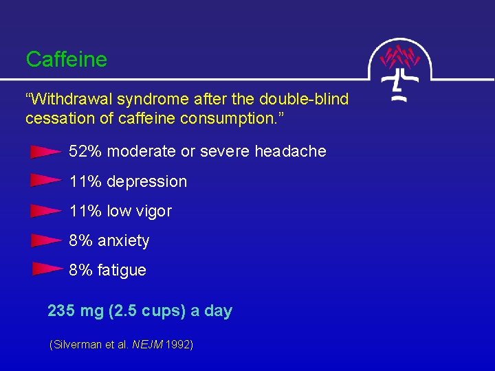 Caffeine “Withdrawal syndrome after the double-blind cessation of caffeine consumption. ” 52% moderate or