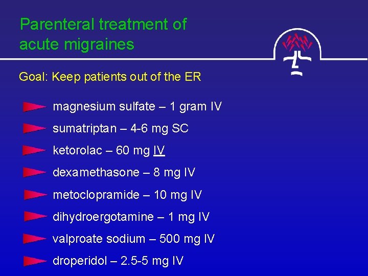 Parenteral treatment of acute migraines Goal: Keep patients out of the ER magnesium sulfate