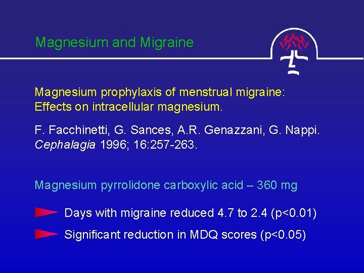 Magnesium and Migraine Magnesium prophylaxis of menstrual migraine: Effects on intracellular magnesium. F. Facchinetti,