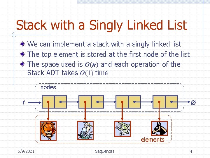 Stack with a Singly Linked List We can implement a stack with a singly
