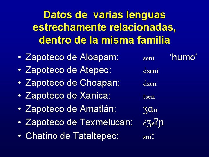 Datos de varias lenguas estrechamente relacionadas, dentro de la misma familia • • Zapoteco