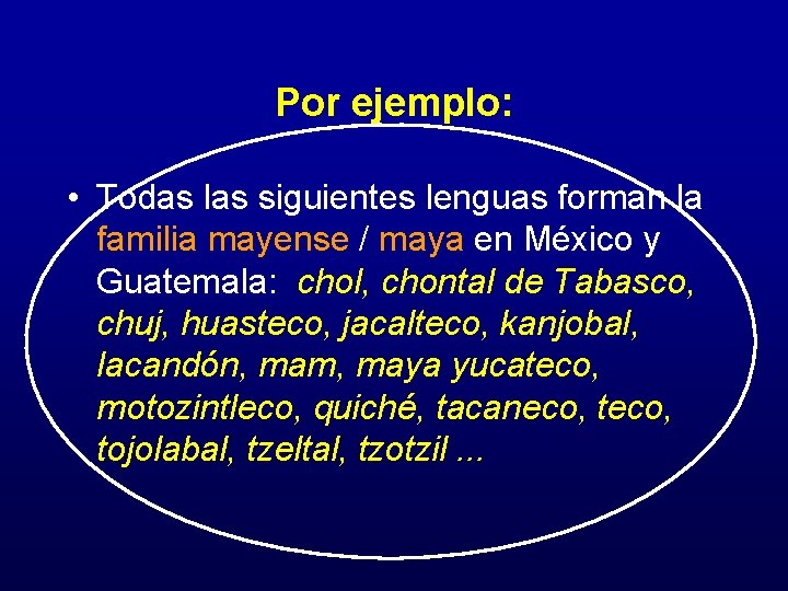 Por ejemplo: • Todas las siguientes lenguas forman la familia mayense / maya en