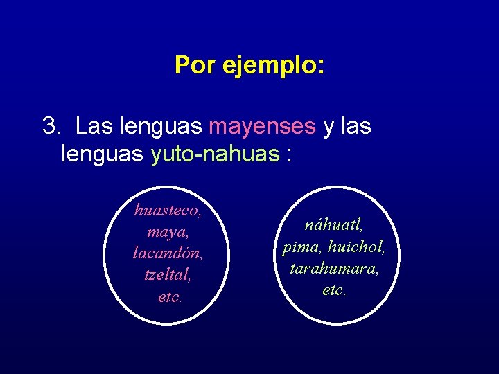 Por ejemplo: 3. Las lenguas mayenses y las lenguas yuto-nahuas : huasteco, maya, lacandón,