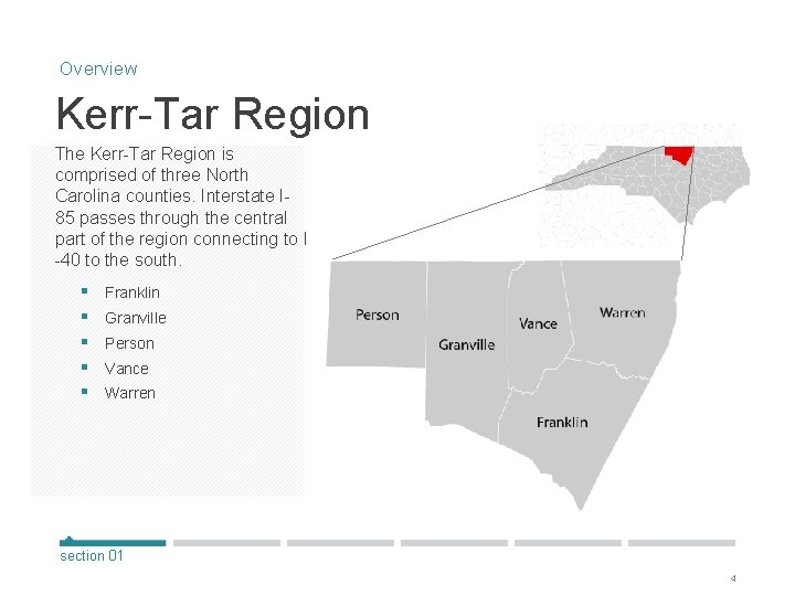 Overview Kerr-Tar Region The Kerr-Tar Region is comprised of three North Carolina counties. Interstate