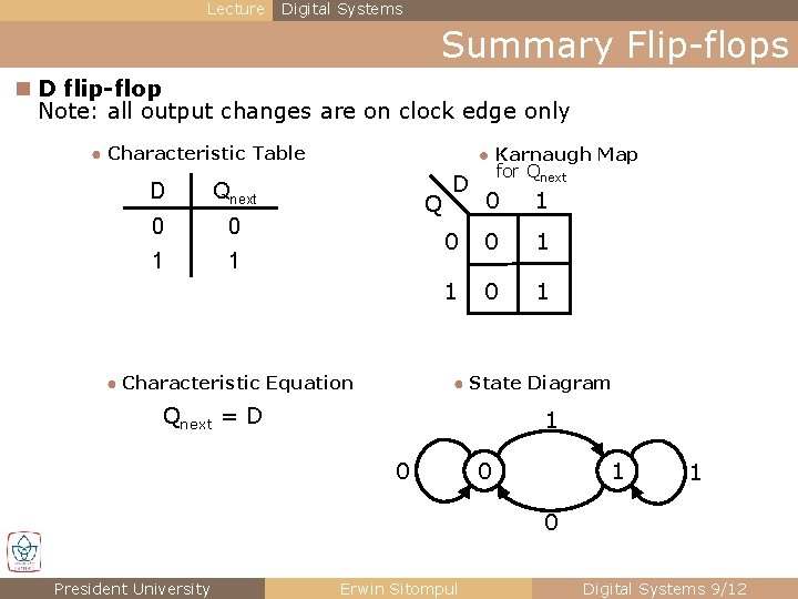 Lecture Digital Systems Summary Flip-flops n D flip-flop Note: all output changes are on