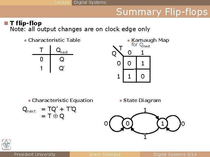 Lecture Digital Systems Summary Flip-flops n T flip-flop Note: all output changes are on