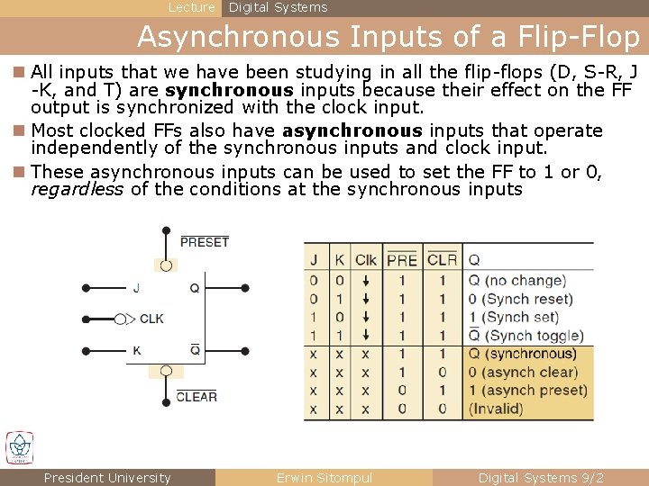 Lecture Digital Systems Asynchronous Inputs of a Flip-Flop n All inputs that we have