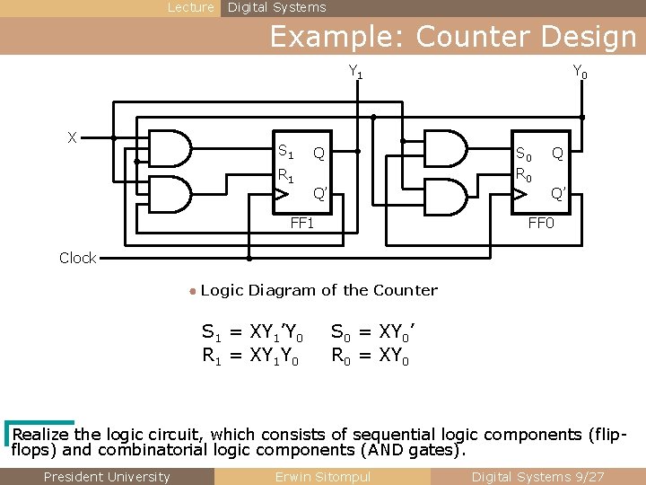 Lecture Digital Systems Example: Counter Design Y 1 X S 1 R 1 Y