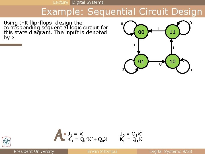 Lecture Digital Systems Example: Sequential Circuit Design Using J-K flip-flops, design the corresponding sequential