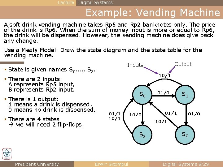 Lecture Digital Systems Example: Vending Machine A soft drink vending machine takes Rp 5