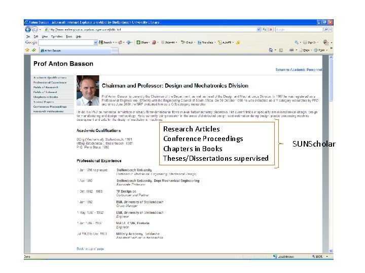 Research Articles Conference Proceedings Chapters in Books Theses/Dissertations supervised SUNScholar 