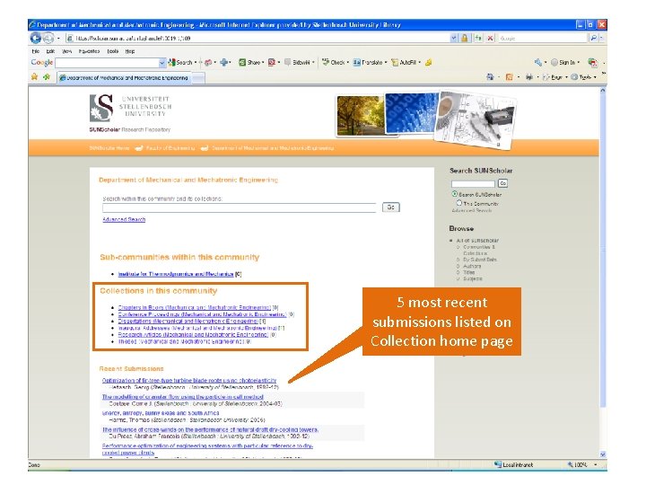 5 most recent submissions listed on Collection home page 