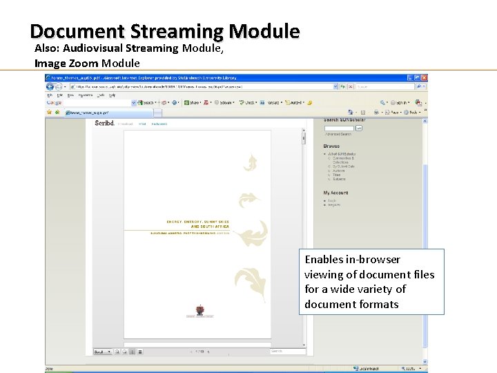 Document Streaming Module Also: Audiovisual Streaming Module, Image Zoom Module Enables in-browser viewing of