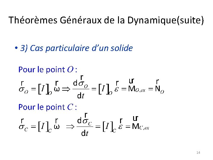 Théorèmes Généraux de la Dynamique(suite) • 3) Cas particulaire d’un solide 14 Théorèmes Généraux de la Dynamique(suite) • 3) Cas particulaire d’un solide 14