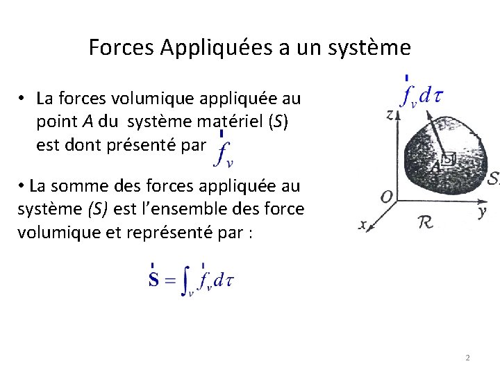 Forces Appliquées a un système • La forces volumique appliquée au point A du Forces Appliquées a un système • La forces volumique appliquée au point A du
