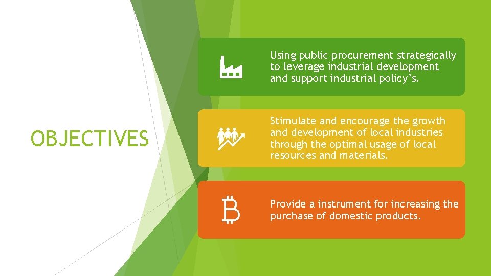 Using public procurement strategically to leverage industrial development and support industrial policy’s. OBJECTIVES Stimulate