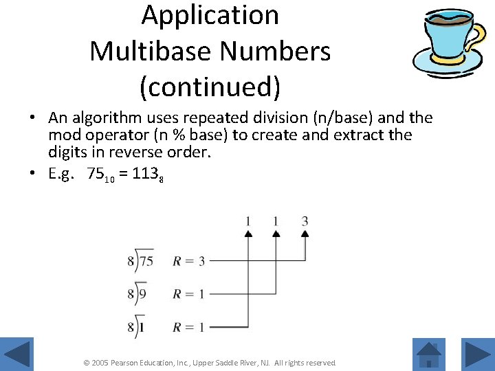 Application Multibase Numbers (continued) • An algorithm uses repeated division (n/base) and the mod