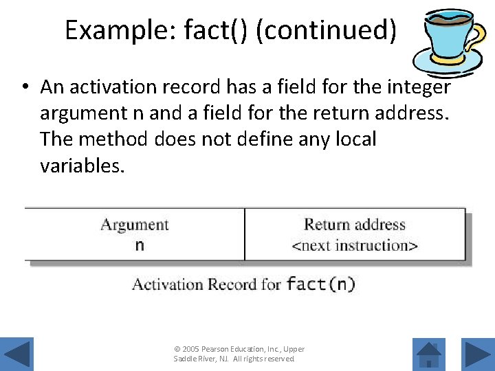 Example: fact() (continued) • An activation record has a field for the integer argument