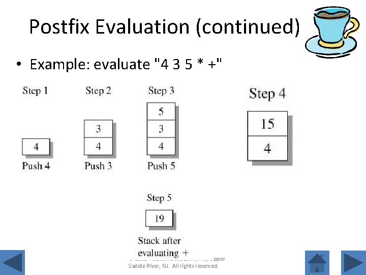 Postfix Evaluation (continued) • Example: evaluate "4 3 5 * +" © 2005 Pearson