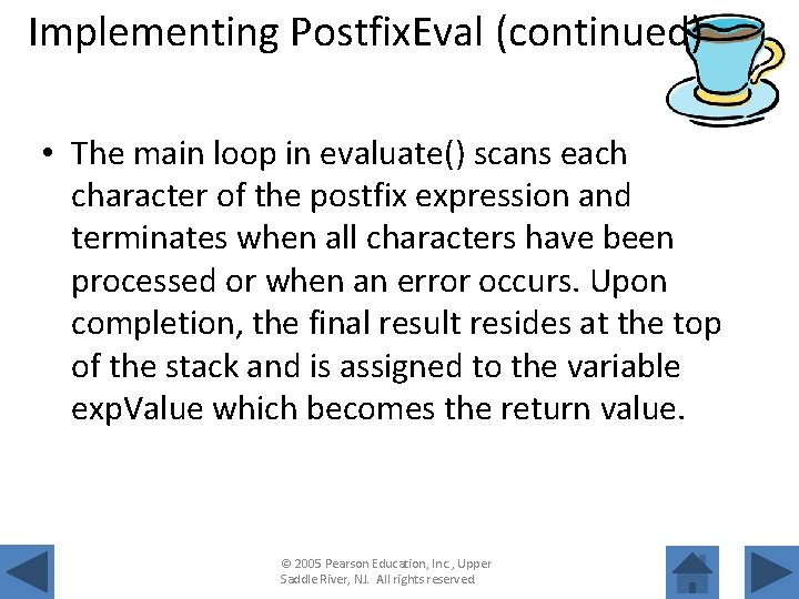 Implementing Postfix. Eval (continued) • The main loop in evaluate() scans each character of