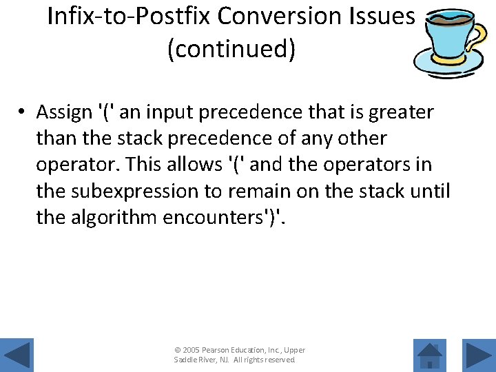 Infix-to-Postfix Conversion Issues (continued) • Assign '(' an input precedence that is greater than
