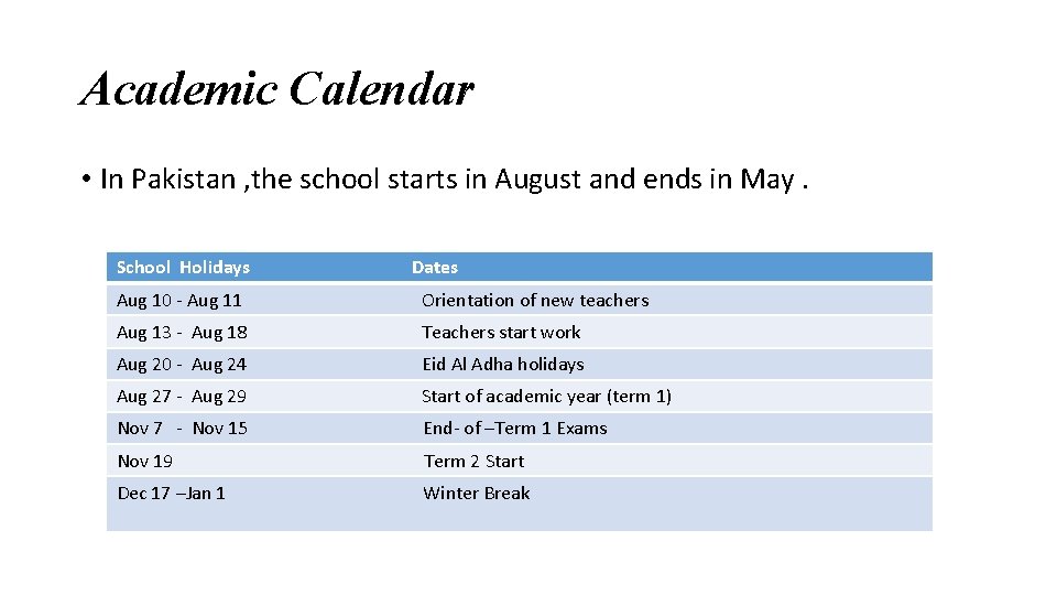 Academic Calendar • In Pakistan , the school starts in August and ends in