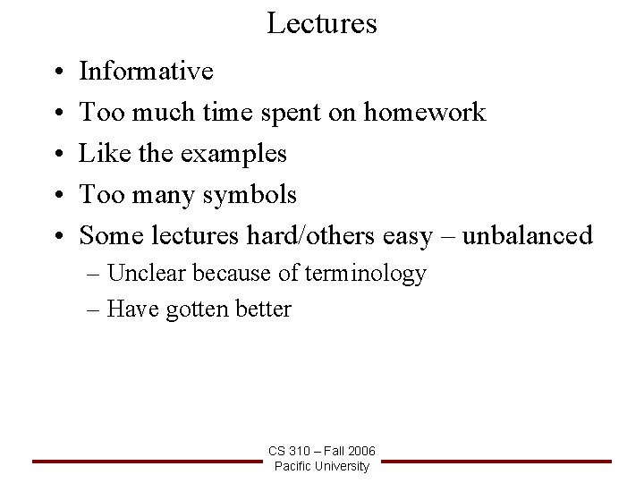 Lectures • • • Informative Too much time spent on homework Like the examples