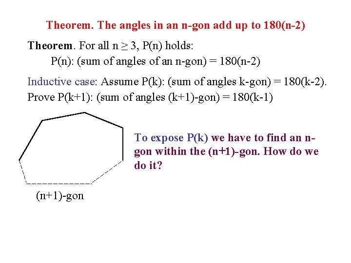 Theorem. The angles in an n-gon add up to 180(n-2) Theorem. For all n Theorem. The angles in an n-gon add up to 180(n-2) Theorem. For all n