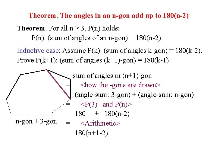 Theorem. The angles in an n-gon add up to 180(n-2) Theorem. For all n Theorem. The angles in an n-gon add up to 180(n-2) Theorem. For all n